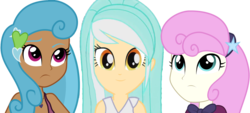 Size: 2370x1071 | Tagged: safe, artist:xebck, edit, vector edit, lemon hearts, lyra heartstrings, twinkleshine, human, fanfic:millennial mountainside metropolitans, equestria girls, g4, life is a runway, cover image, dark skin, fanfic, fanfic art, fanfic cover, female, frown, human coloration, humanized, light skin, looking at you, photoshop, simple background, smiling, story in the source, transparent background, trio, vector