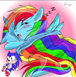 Size: 1080x1104 | Tagged: safe, artist:anime is magic, rainbow dash, pegasus, pony, g4, blanket, blushing, cute, drool, eyes closed, female, male, mare, onomatopoeia, pillow, plushie, sleeping, solo, sonic the hedgehog, sonic the hedgehog (series), sound effects, toy, zzz