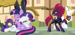 Size: 1280x606 | Tagged: safe, artist:themexicanpunisher, prince blueblood, rarity, tempest shadow, twilight sparkle, alicorn, pony, g4, berryblood, comforting, crying, female, male, sad, shipping, straight, twilight sparkle (alicorn)