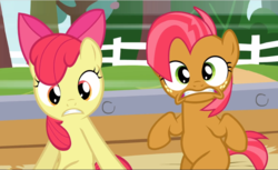 Size: 1542x941 | Tagged: safe, screencap, apple bloom, babs seed, earth pony, pony, apple family reunion, g4, season 3, bow, cousins, cropped, duo, female, filly, freckles, hair bow, shocked, sitting, teeth