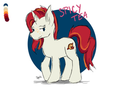 Size: 1000x707 | Tagged: safe, artist:shyinka, oc, oc:spicy tea, pony, unicorn, blue eyes, cake, color palette, color scheme, colored, design, eyebrow piercing, flat colors, food, original character do not steal, piercing, red mane, red velvet cake, sketch, sketchy, spicy tea, standing