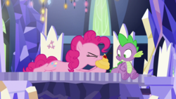 Size: 1920x1080 | Tagged: safe, screencap, pinkie pie, spike, dragon, earth pony, pony, g4, the last laugh, cupcake, cutie map, female, food, friendship throne, male, mare, winged spike, wings