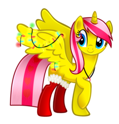 Size: 2091x2169 | Tagged: safe, artist:cindystarlight, oc, oc only, oc:angel fox, alicorn, pony, alicorn oc, christmas, christmas lights, clothes, female, high res, holiday, horn, mare, simple background, socks, solo, transparent background
