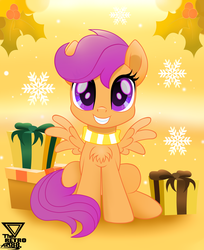 Size: 2400x2945 | Tagged: safe, artist:theretroart88, scootaloo, pegasus, pony, g4, chest fluff, christmas, clothes, cute, cutealoo, female, high res, holiday, looking at you, present, scarf, snow, snowflake, solo, squee, theretroart88 is trying to murder us