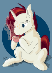 Size: 3508x4961 | Tagged: safe, artist:shyinka, oc, oc:spicy tea, pony, unicorn, blowing, blue eyes, cake, cute, drinking, eyebrow piercing, food, hooves, hot drink, original character do not steal, piercing, red mane, red velvet cake, sitting, spicy tea, tea