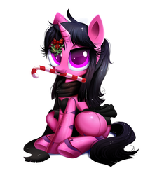 Size: 1357x1513 | Tagged: safe, artist:confetticakez, part of a set, oc, oc only, pony, unicorn, ball jointed doll, candy, candy cane, christmas, clothes, commission, cute, doll, dress, female, food, holiday, lipstick, mare, mistletoe, mouth hold, ocbetes, scarf, simple background, sitting, solo, toy, white background, ych result
