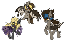 Size: 3791x2375 | Tagged: safe, artist:nekro-led, oc, oc only, oc:graceful motion, oc:night striker, oc:obsidian shadow, bat pony, changeling, hybrid, original species, double colored changeling, fangs, fusion, high res, simple background, white background