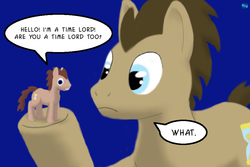 Size: 900x600 | Tagged: safe, artist:quint-t-w, doctor whooves, time turner, earth pony, pony, g4, dialogue, figurine, old art, simple background, single panel, talking toy, toy, underhoof
