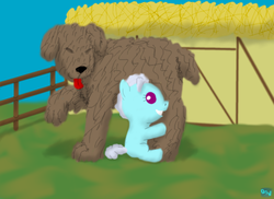 Size: 550x400 | Tagged: safe, artist:quint-t-w, screw loose, dog, earth pony, pony, g4, female, fence, filly, foal, house, hug, old art, tongue out