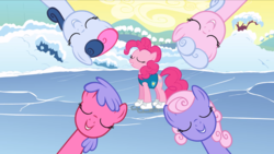 Size: 2880x1620 | Tagged: safe, screencap, blueberry taffy, lilac links, pinkie pie, swirly cotton, wildberry, earth pony, pony, g4, season 1, winter wrap up, background pony, eyes closed, female, ice, ice skates, mare, singing, snow, weather team, winter wrap up song, winter wrap up vest
