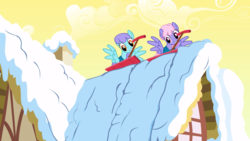 Size: 2880x1619 | Tagged: safe, screencap, rainbowshine, snowslide, pegasus, pony, g4, season 1, winter wrap up, background pony, duo, female, mare, mouth hold, roof, shovel, snow, snow shovel, spread wings, weather team, wings, winter wrap up vest