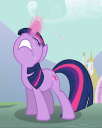Size: 751x938 | Tagged: safe, screencap, twilight sparkle, pony, unicorn, g4, magic duel, cropped, female, glowing horn, horn, invisible stallion, mare, nose in the air, solo, struggling, sweat, teeth, unicorn twilight