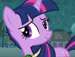 Size: 1240x940 | Tagged: safe, screencap, twilight sparkle, pony, unicorn, g4, magic duel, amulet, confident, cropped, female, jewelry, looking at you, mare, raised eyebrow, smuglight sparkle, solo, unicorn twilight