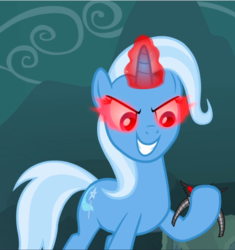 Size: 884x940 | Tagged: safe, screencap, trixie, pony, g4, magic duel, alicorn amulet, corrupted, cropped, dark magic, evil grin, female, glowing eyes, glowing horn, grin, horn, magic, mare, smiling, solo