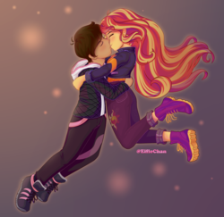 Size: 3800x3700 | Tagged: safe, artist:katakiuchi4u, sunset shimmer, oc, equestria girls, g4, canon x oc, clothes, eyes closed, female, floating, freckles, high res, kissing, male, peppered bacon, shoes, straight