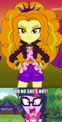 Size: 600x1185 | Tagged: safe, adagio dazzle, sci-twi, twilight sparkle, equestria girls, equestria girls series, g4, sunset's backstage pass!, the road less scheduled, spoiler:eqg series (season 2), adagilight, caption, clothes, comparison, female, jacket, lesbian, music festival outfit, oh no he's hot, scitwidagio, shipping, spiked headband, spongebob squarepants