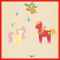 Size: 2000x2000 | Tagged: safe, anonymous artist, big macintosh, fluttershy, parasprite, pony, series:12 days of hearth's warming, series:fm holidays, g4, bell, big macintosh is not amused, border, christmas, female, hearth's warming, high res, holiday, holly, male, nervous, nervous smile, pointy ponies, ship:fluttermac, shipping, straight, sweat, sweatdrop, texture, twelve days of christmas