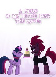 Size: 2978x4096 | Tagged: safe, artist:ringteam, tempest shadow, twilight sparkle, alicorn, pony, unicorn, g4, my little pony: the movie, broken horn, cake, duo, eyes closed, food, horn, twilight sparkle (alicorn)