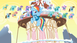 Size: 2880x1620 | Tagged: safe, screencap, candy floss (g4), chocolate blueberry, cloud kicker, cloud showers, dizzy twister, flutter doo, grape soda, meadow rain, orange swirl, rainbow dash, rainbowshine, spring melody, sprinkle medley, sunshower raindrops, wind chill, pegasus, pony, g4, winter wrap up, angry, background pony, clone, clothes, female, flying, mare, multeity, ponyville, ponyville town hall, snow, unbrella drops, weather team, winter wrap up vest