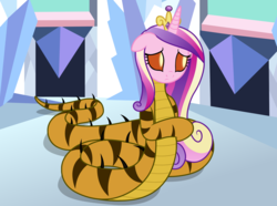 Size: 2812x2096 | Tagged: safe, artist:badumsquish, derpibooru exclusive, princess cadance, lamia, monster pony, original species, pony, snake, snake pony, g4, aladdin, crown, crystal empire, female, floppy ears, high res, jewelry, lamiafied, looking away, nervous, red eyes, red sclera, regalia, sad, slit pupils, solo, species swap, stripes, transformation
