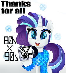 Size: 2500x2777 | Tagged: safe, artist:theretroart88, rarity, pony, unicorn, g4, 80s, alternate hair color, clothes, ear piercing, female, high res, hoof hold, looking at you, piercing, record, sequins, solo