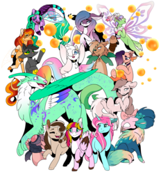 Size: 1280x1379 | Tagged: safe, artist:sketchthebluepegasus, oc, oc only, oc:berry blossom, oc:dragonlily, oc:meadow, oc:minty skates, oc:nebula, oc:ridley, original species, pegasus, pony, skimmer, unicorn, female, mare