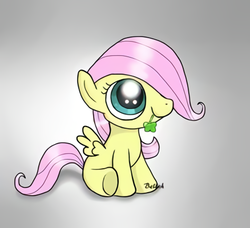 Size: 438x400 | Tagged: safe, artist:lucas_gaxiola, fluttershy, pegasus, pony, g4, clover, cute, female, filly, filly fluttershy, gradient background, hair over one eye, mouth hold, shyabetes, sitting, smiling, solo, younger