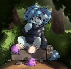 Size: 2570x2497 | Tagged: safe, artist:rexyseven, oc, oc only, oc:whispy slippers, earth pony, pony, clothes, cute, female, floppy ears, forest, glasses, high res, mare, ocbetes, ponytail, scenery, sitting, slippers, socks, solo, sweater, tree, turtleneck