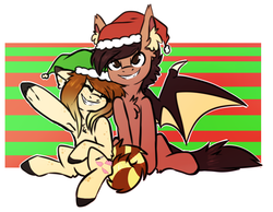 Size: 2397x1857 | Tagged: safe, artist:oddends, oc, oc:katie, oc:lonestar, bat pony, pony, armpits, christmas, cute, hat, holiday, teeth
