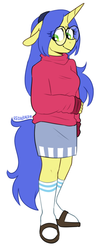 Size: 392x933 | Tagged: safe, artist:redxbacon, oc, oc only, oc:logical leap, unicorn, anthro, plantigrade anthro, anthro oc, clothes, commission, cute, female, glasses, hairband, mare, miniskirt, sandals, shy, shy smile, simple background, skirt, smiling, socks, socks with sandals, solo, sweater, white background