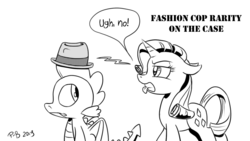 Size: 1200x675 | Tagged: safe, artist:pony-berserker, rarity, spike, dragon, pony, unicorn, pony-berserker's twitter sketches, g4, black and white, duo, fashion police, female, grayscale, halftone, hat, male, mare, monochrome, signature, simple background, sketch, tongue out, trilby, white background