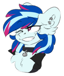 Size: 1105x1301 | Tagged: safe, artist:spoopygander, oc, oc only, oc:paperweight, pony, chest fluff, clothes, collar, ear fluff, ear piercing, earring, female, jacket, jewelry, leather jacket, mare, multicolored hair, piercing, smug, solo
