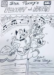 Size: 762x1048 | Tagged: safe, artist:debmervin, oc, oc:fluffy the cat, oc:mervin mouse, oc:turtle chaser, earth pony, pony, carousel, comic, comic book cover, monochrome, music notes, traditional art, webcomic