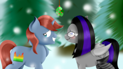 Size: 4000x2250 | Tagged: safe, artist:joechillers, oc, oc:gutiu serenade, oc:luna farrowe, bat pony, pony, unicorn, duo, holiday, holly, holly mistaken for mistletoe, ych result