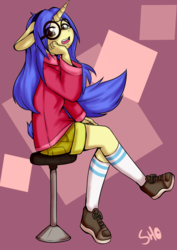 Size: 2480x3507 | Tagged: safe, artist:koizumisho, oc, oc only, oc:logical leap, unicorn, anthro, plantigrade anthro, abstract background, anthro oc, clothes, cutie mark, female, glasses, hairband, high res, mare, shoes, shorts, sneakers, solo, stool, sweater, ych result