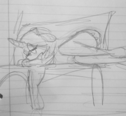 Size: 1836x1684 | Tagged: safe, anonymous artist, oc, oc only, oc:logical leap, unicorn, anthro, anthro oc, bench, female, glasses, grayscale, hairband, lined paper, mare, monochrome, nap, sleeping, traditional art