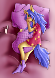 Size: 2893x4092 | Tagged: safe, artist:koizumisho, oc, oc only, oc:logical leap, unicorn, anthro, plantigrade anthro, anthro oc, bed, blushing, body pillow, bottomless, clothes, female, glasses, hug, in bed, nightgown, nudity, partial nudity, pillow, pillow hug, socks, solo, ych result