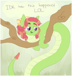 Size: 827x873 | Tagged: safe, artist:archego-art, tree hugger, lamia, monster pony, original species, g4, female, implied transformation, lamiafied, rattle, solo, species swap, text, tree branch