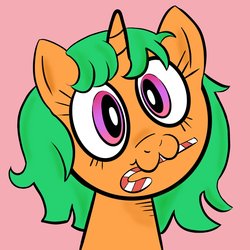 Size: 2048x2048 | Tagged: safe, artist:amynewblue, oc, oc only, oc:flitter flutter, pony, unicorn, candy, candy cane, carrot, food, high res, owo, solo