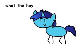 Size: 1024x630 | Tagged: safe, artist:dialliyon, oc, oc:dial liyon, pony, unicorn, simple background, smiling, stick pony, text, what the hay?, white background