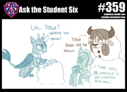 Size: 800x576 | Tagged: safe, artist:sintakhra, gallus, ocellus, yona, changedling, changeling, griffon, yak, tumblr:studentsix, g4, clothes, post-it, pun, scarf, snow, snowman