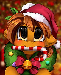 Size: 1446x1764 | Tagged: safe, artist:pridark, oc, oc only, oc:zip circuit, earth pony, pony, bell, blushing, candy, candy cane, christmas, commission, cute, food, hat, holiday, mouth hold, ocbetes, pridark's christmas ponies, santa hat, solo, wreath, ych result