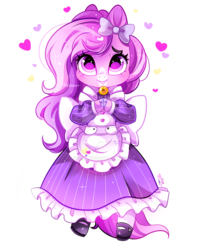 Size: 800x1005 | Tagged: safe, artist:ipun, oc, oc only, semi-anthro, apron, arm hooves, bell, bell collar, bow, clothes, collar, cute, deviantart watermark, dress, female, hair bow, heart, looking at you, maid, mare, obtrusive watermark, ocbetes, shoes, simple background, socks, solo, transparent background, watermark