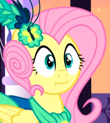 Size: 816x915 | Tagged: safe, screencap, fluttershy, pegasus, pony, g4, make new friends but keep discord, :i, clothes, cropped, dress, female, gala dress, mare, solo, we bought two cakes
