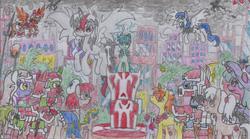 Size: 1710x954 | Tagged: safe, artist:nephilim rider, oc, oc:heaven lost, oc:sparkbolt, pony, the ending of the end, city, cloud, nephilim, traditional art