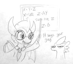 Size: 1440x1255 | Tagged: safe, artist:tjpones, smolder, spike, dragon, g4, chalkboard, clothes, dragoness, duo, female, glasses, lab coat, misspelling, monochrome, necktie, pencil drawing, pointer, spike is not amused, traditional art, unamused, ur gay