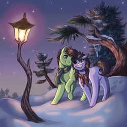 Size: 6000x6000 | Tagged: safe, artist:faline-art, oc, earth pony, pony, clothes, lamppost, scarf, snow, tree, winter