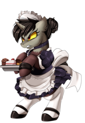 Size: 2343x3395 | Tagged: safe, artist:pridark, discord, pony, unicorn, fanfic:the maid of chaos, g4, angry, bipedal, cake, clothes, commission, dessert, eris, fanfic in the description, fanfic in the source, female, food, hair bun, high res, hoof hold, maid, maid discord, muffin, outfit, ponified, pony discord, rule 63, shoes, simple background, skirt, socks, solo, thigh highs, transparent background, tray