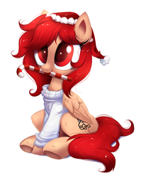 Size: 1237x1502 | Tagged: safe, artist:confetticakez, part of a set, oc, oc only, oc:ginger ferrochrome, pegasus, pony, candy, candy cane, christmas, clothes, commission, cute, femboy, folded wings, food, hat, holiday, male, mouth hold, ocbetes, santa hat, simple background, sitting, solo, stallion, sweater, white background, wings, winter, ych result