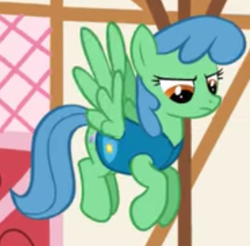 Size: 415x408 | Tagged: safe, screencap, meadow rain, pegasus, pony, g4, winter wrap up, background pony, clothes, cropped, female, flying, frown, looking down, mare, name suggestion in the comments, solo, weather team, winter wrap up vest